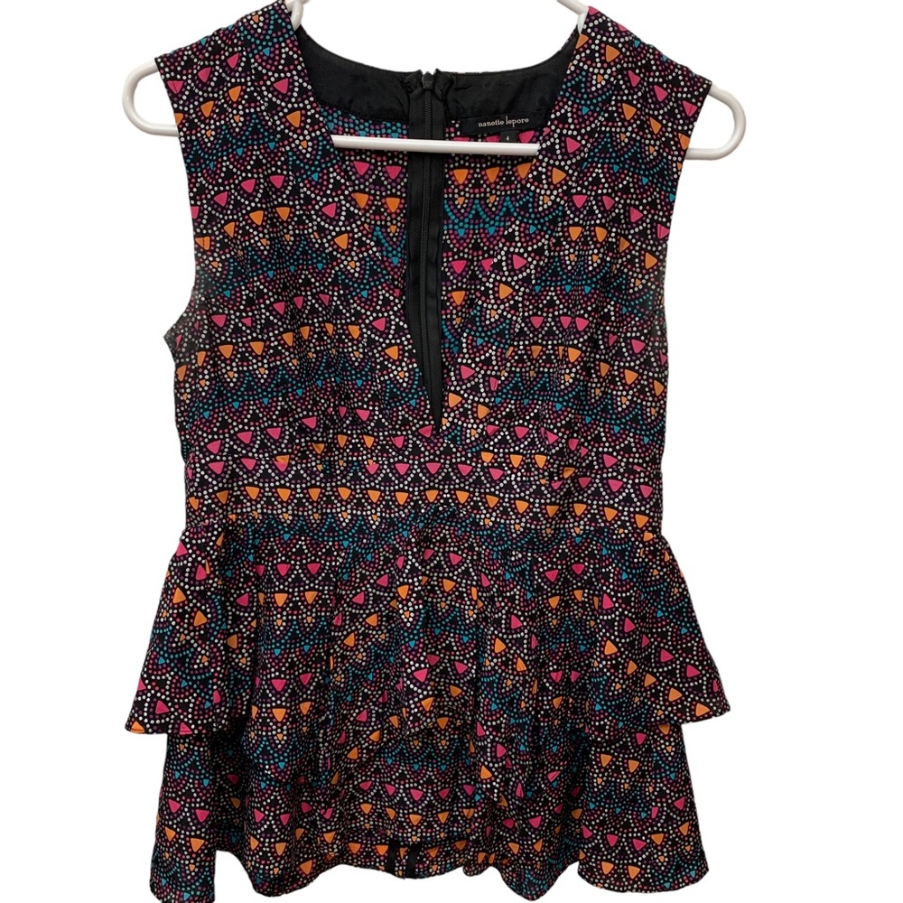Nanette Lepore Silk Peplum Top Colorful Geometric Print Ruffle Hem Sleeveless